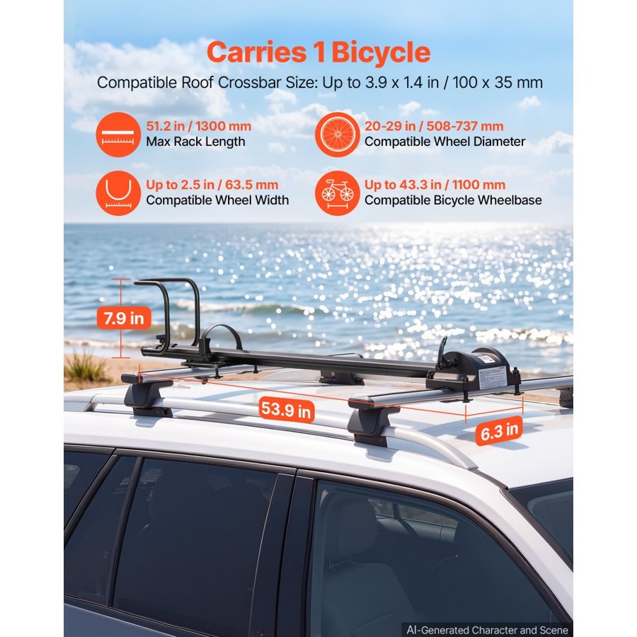 VEVOR Roof Bike Rack 16 kg 1 Bike Carrier Upright Rooftop Bicycle Rack, for Car SUV, Aluminum Alloy & Q235 Steel, Roof Mount Carrier for Secure Bicycle Storage and Transport on Vehicles, Black