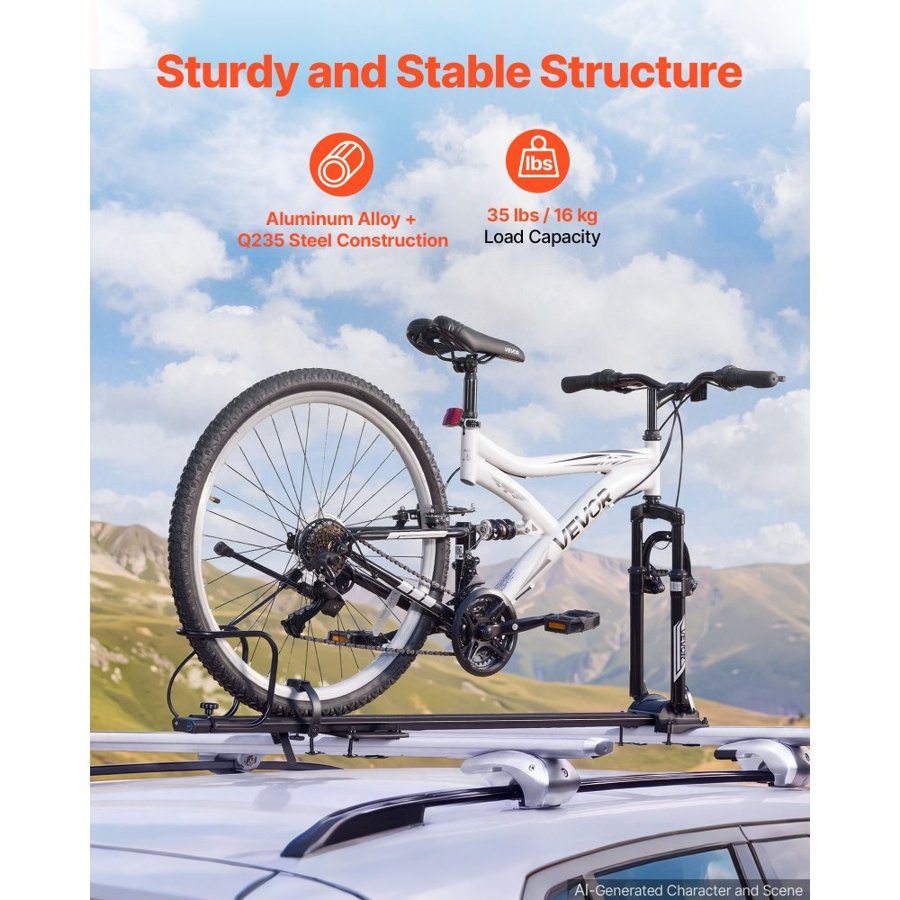 VEVOR Roof Bike Rack 16 kg 1 Bike Carrier Upright Rooftop Bicycle Rack, for Car SUV, Aluminum Alloy & Q235 Steel, Roof Mount Carrier for Secure Bicycle Storage and Transport on Vehicles, Black