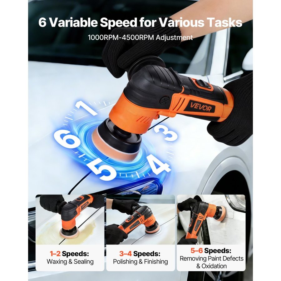 VEVOR Car Buffer Polisher, 30/50/76 mm Rotary Polisher Buffer, 600W 6 Variable Speeds 1000-4500RPM Car Polisher Waxer Kit for Cars Detailing, Waxing, Polishing, Scratch Removal