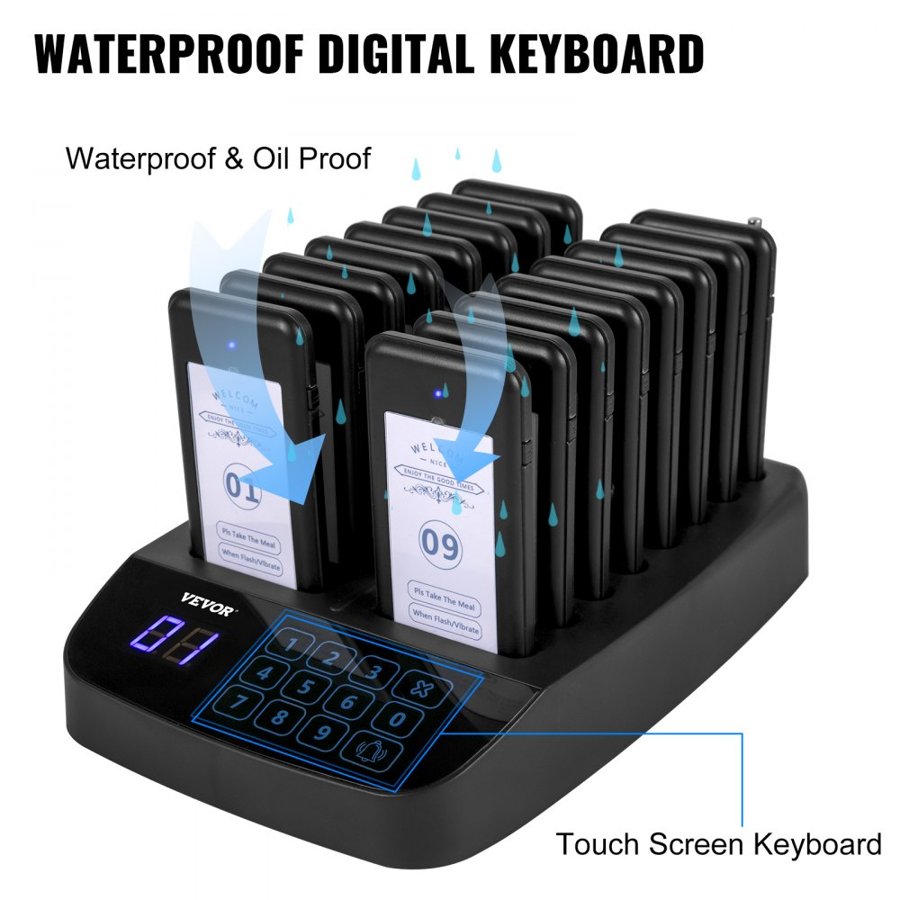 VEVOR Restaurant Pager 16 Coasters Paging System Max 98 Nursery Pager Wireless Paging Queuing Calling System Touch Screen with Vibration, Flashing and Buzzer for Social Distance Hotels and Cafés