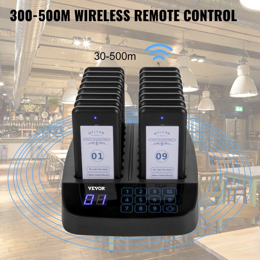 VEVOR Restaurant Pager 16 Coasters Paging System Max 98 Nursery Pager Wireless Paging Queuing Calling System Touch Screen with Vibration, Flashing and Buzzer for Social Distance Hotels and Cafés