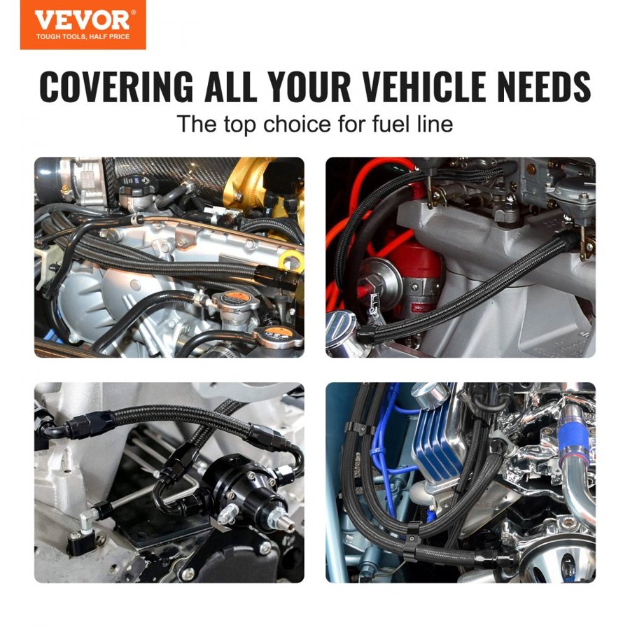 VEVOR 8AN Fuel Line Kit, 20 FT Fuel Hose Kit, 0.43" Nylon Stainless Steel Braided Fuel Line Oil/Gas/Diesel Hose End Fitting Kit, with 12 PCS Swivel Fitting Adapter Kit, Black