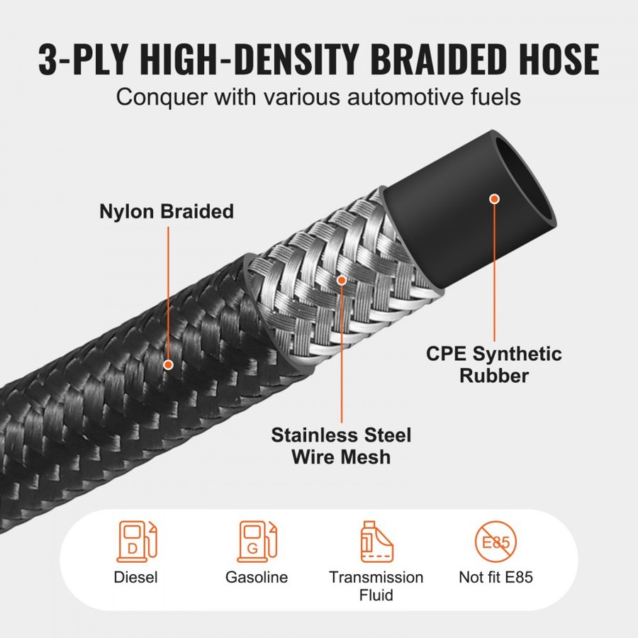 VEVOR 8AN Fuel Line Kit, 20 FT Fuel Hose Kit, 0.43" Nylon Stainless Steel Braided Fuel Line Oil/Gas/Diesel Hose End Fitting Kit, with 12 PCS Swivel Fitting Adapter Kit, Black