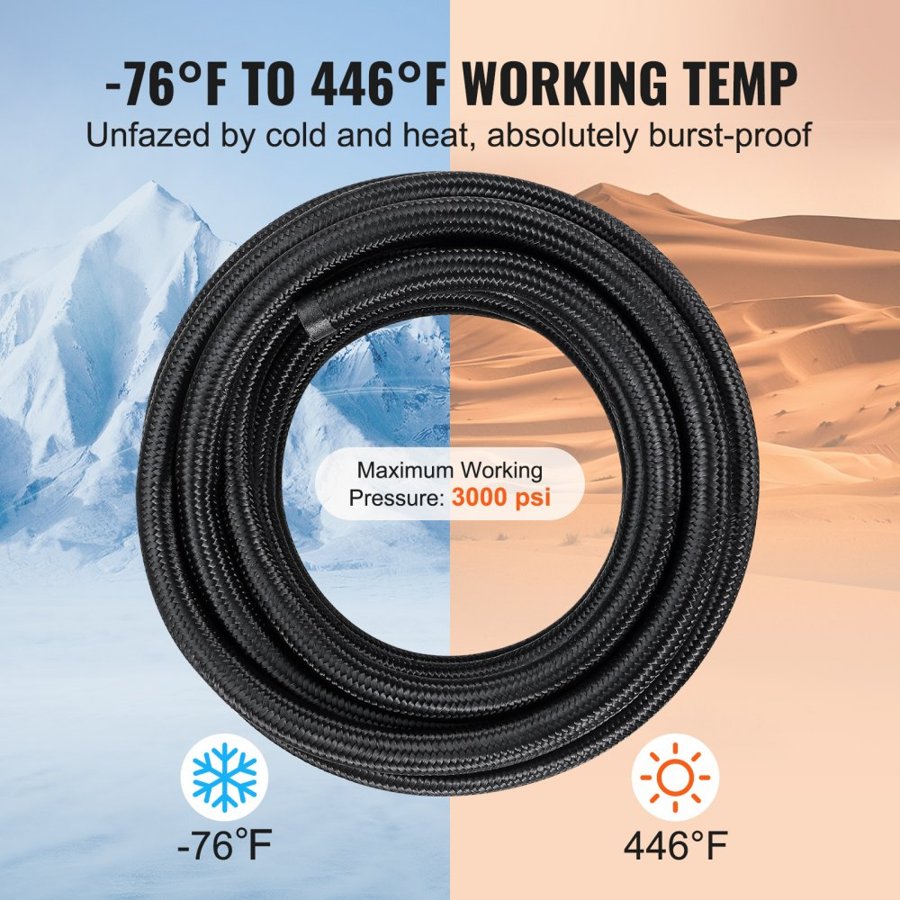 VEVOR 6AN Fuel Line Kit, 25 FT Fuel Hose Kit, 5/16" Nylon Stainless Steel Braided PTFE Fuel Line Kit, E85/Oil/Gas/Diesel Hose End Fitting Kit, with 15 PCS Swivel Fitting Adapter Kit, Black