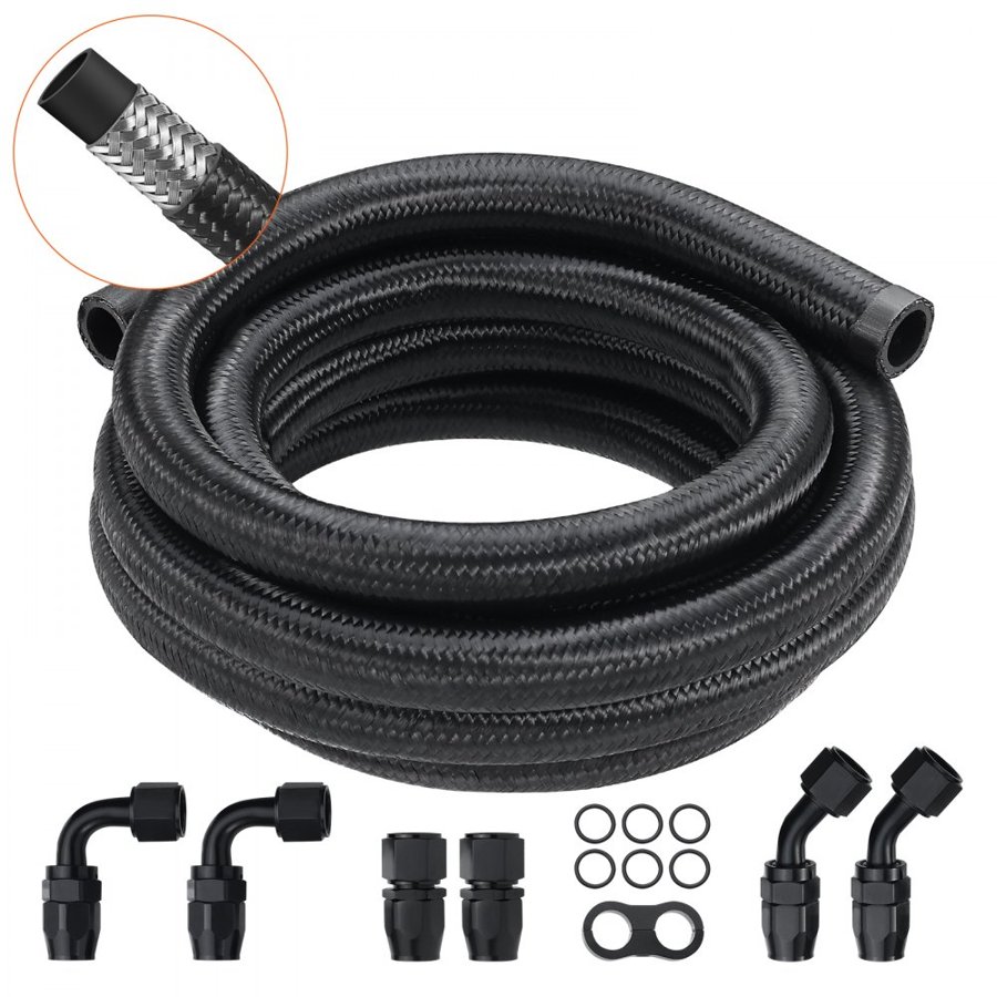 VEVOR 10AN Fuel Line Kit, 10 FT Fuel Hose Kit, 0.55" Nylon Stainless Steel Braided Fuel Line Oil/Gas/Diesel Hose End Fitting Kit, with 7 PCS Swivel Fitting Adapter Kit, Black