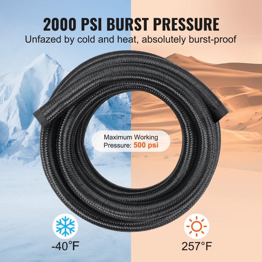 VEVOR 10AN Fuel Line Kit, 10 FT Fuel Hose Kit, 0.55" Nylon Stainless Steel Braided Fuel Line Oil/Gas/Diesel Hose End Fitting Kit, with 7 PCS Swivel Fitting Adapter Kit, Black