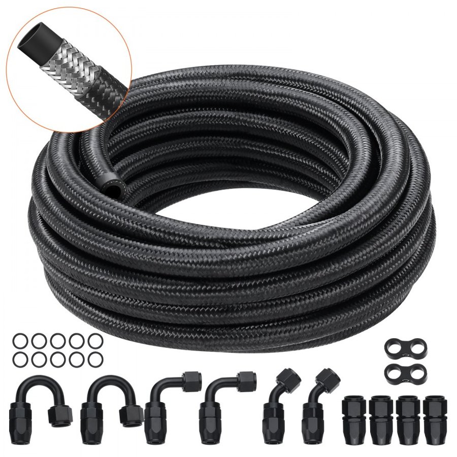 VEVOR 6AN Fuel Line Kit, 20 FT Fuel Hose Kit, 0.34" Nylon Stainless Steel Braided Fuel Line Oil/Gas/Diesel Hose End Fitting Kit, with 12 PCS Swivel Fitting Adapter Kit, Black
