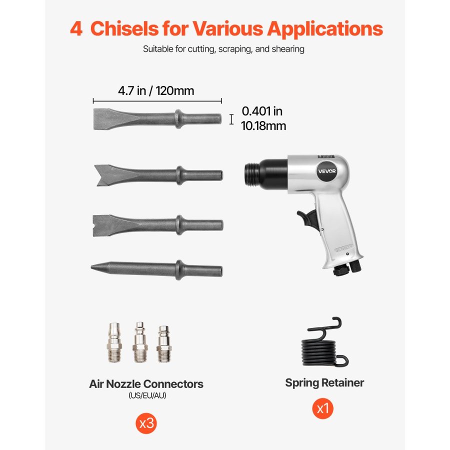 VEVOR Air Hammer, 4500BPM Pneumatic Hammer with 40mm Stroke & 4PCS Chisels Round Shank, Lightweight & Compact Air Chisel Pneumatic Shovel Tool for Cutting Punching Scraping