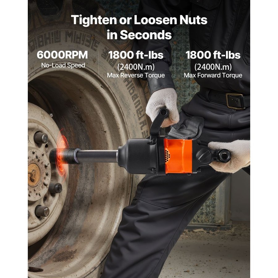VEVOR 1-Inch Air Impact Wrench, Up to 2400N.m Nut-Busting Torque, 6000RPM 6-Speed Pneumatic Impact Gun with 152.4mm Extended Anvil for Heavy-Duty Trucks, Buses, Agricultural Machinery