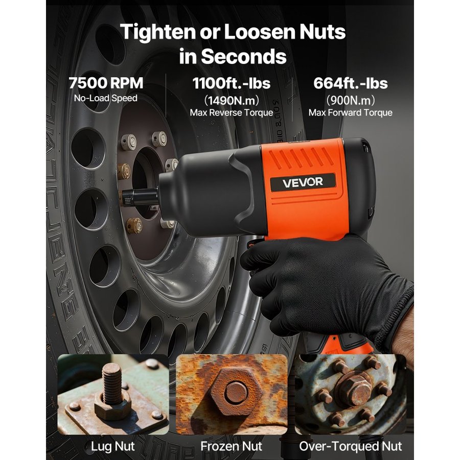 VEVOR Air Impact Wrench, 1/2" Drive Pneumatic Impact Wrench Up to 1490N.m Reverse Torque, 7500RPM 4-Speed Adjustable & Lightweight Pneumatic Gun for Auto Repairs and Maintenance