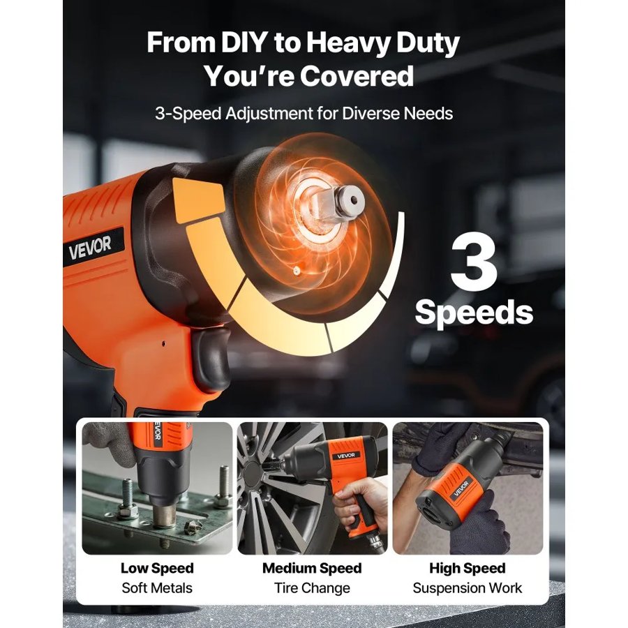 VEVOR Air Impact Wrench, 1/2" Drive Pneumatic Impact Wrench Up to 1490N.m Reverse Torque, 7500RPM 4-Speed Adjustable & Lightweight Pneumatic Gun for Auto Repairs and Maintenance