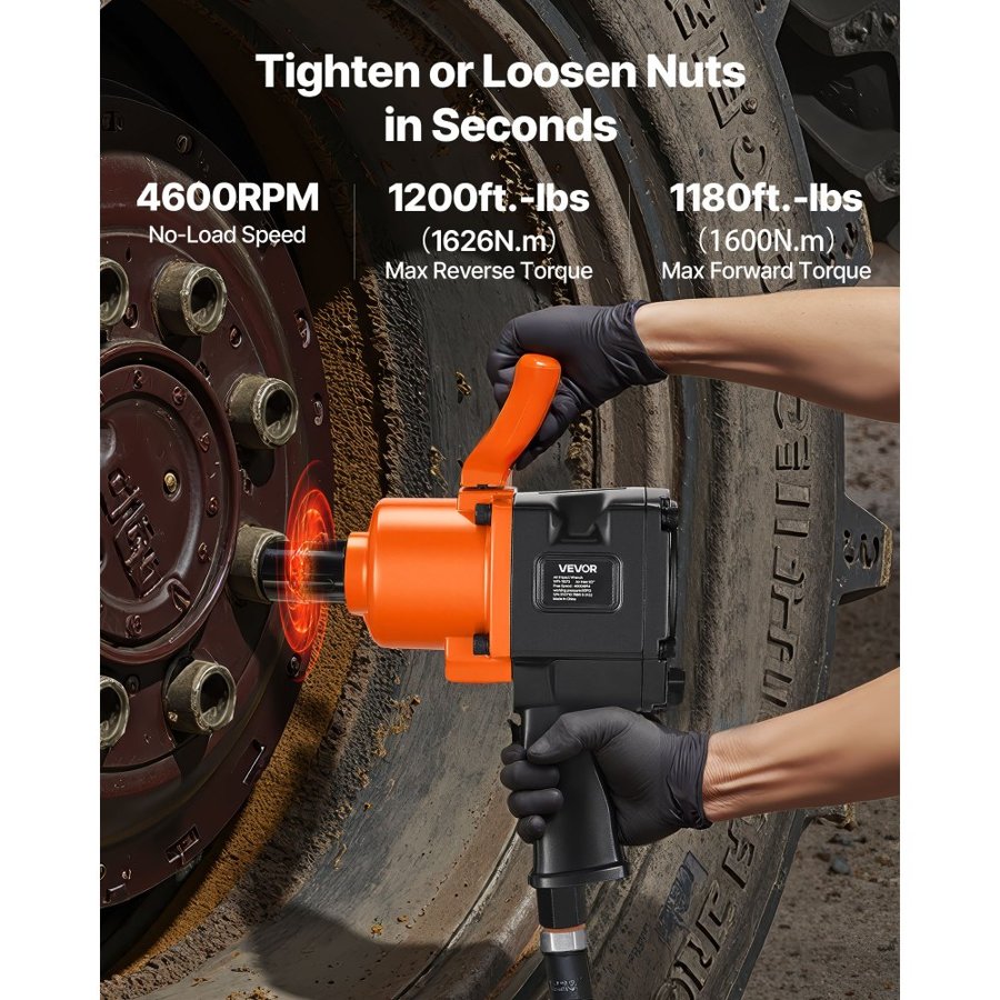 VEVOR 1-Inch Air Impact Wrench, Twin Hammer Air Impact Gun, Up to 1626N.m Reverse Torque, 4600RPM 6-Speed Pneumatic Wrench for Heavy Duty Auto Repairs and Maintenance