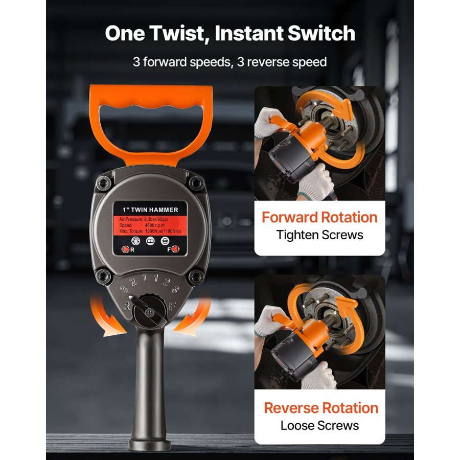VEVOR 1-Inch Air Impact Wrench, Twin Hammer Air Impact Gun, Up to 1626N.m Reverse Torque, 4600RPM 6-Speed Pneumatic Wrench for Heavy Duty Auto Repairs and Maintenance
