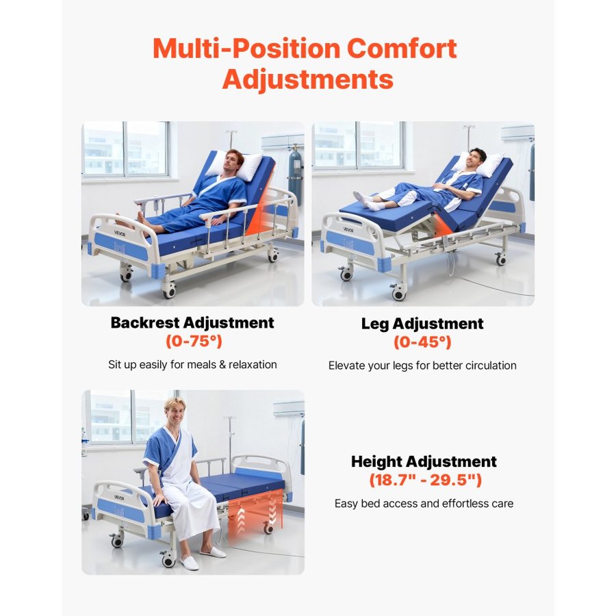 VEVOR 3 Function Electric Hospital Bed – 250kg, 5" Casters