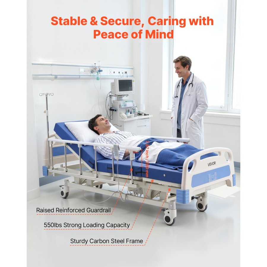 VEVOR 3 Function Electric Hospital Bed – 250kg, 5" Casters