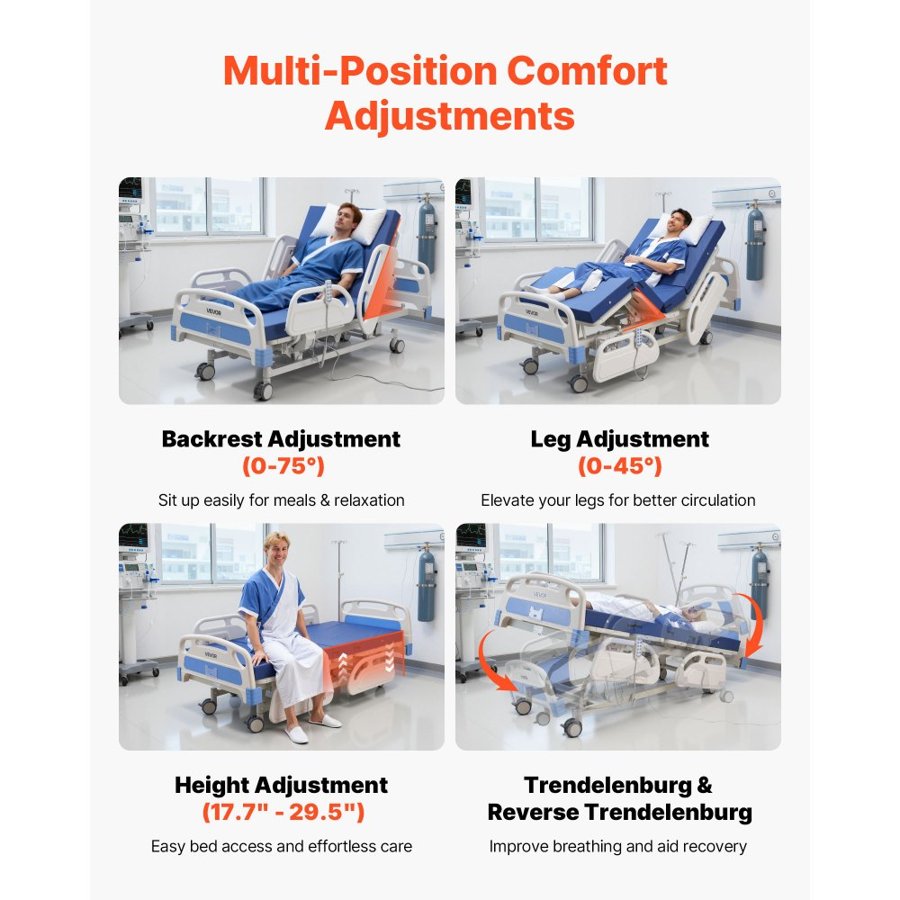VEVOR 5 Function Hospital Bed – Trendelenburg, 250kg