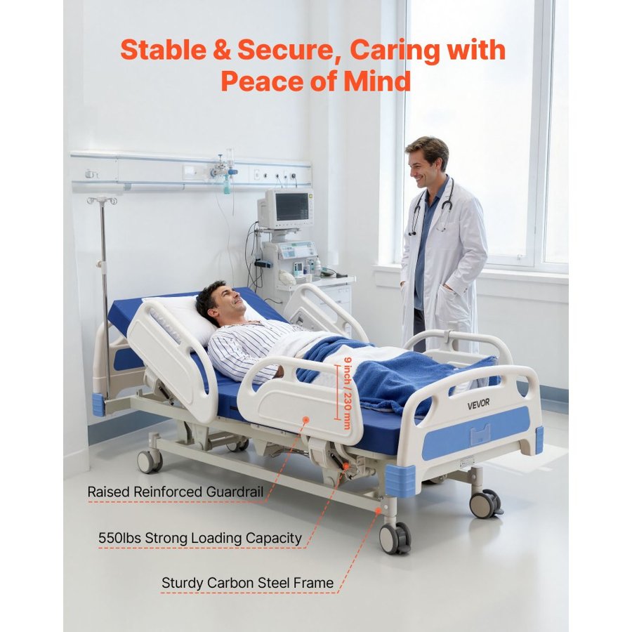 VEVOR 5 Function Hospital Bed – Trendelenburg, 250kg