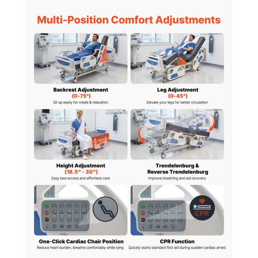 VEVOR 5 Function Full Electric Hospital Bed – 1 Touch, 0-45°