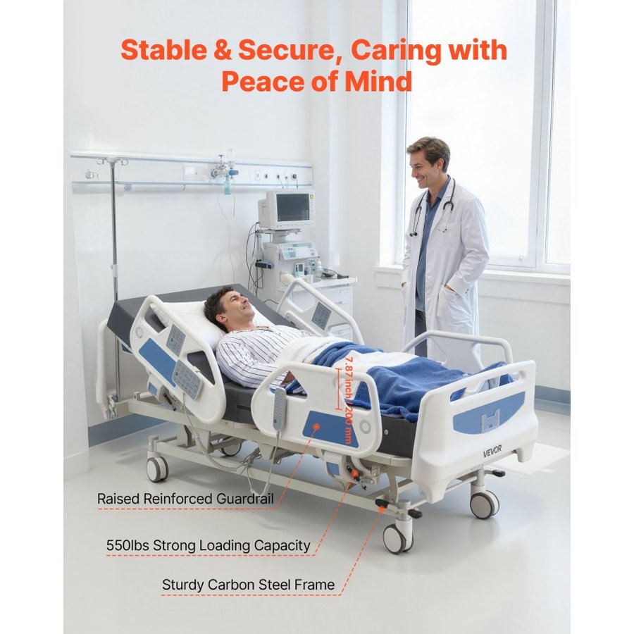 VEVOR 5 Function Full Electric Hospital Bed – 1 Touch, 0-45°