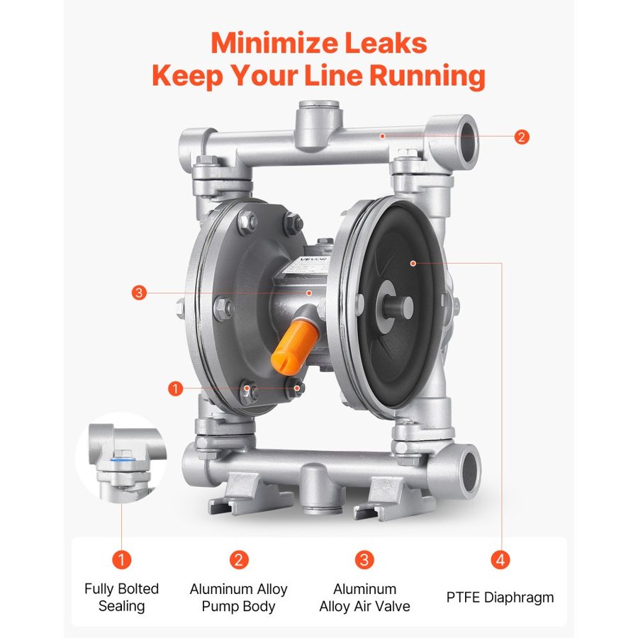 VEVOR Pneumatic Diaphragm Pump – 6.6 GPM, 3/8 Inch, 100 PSI