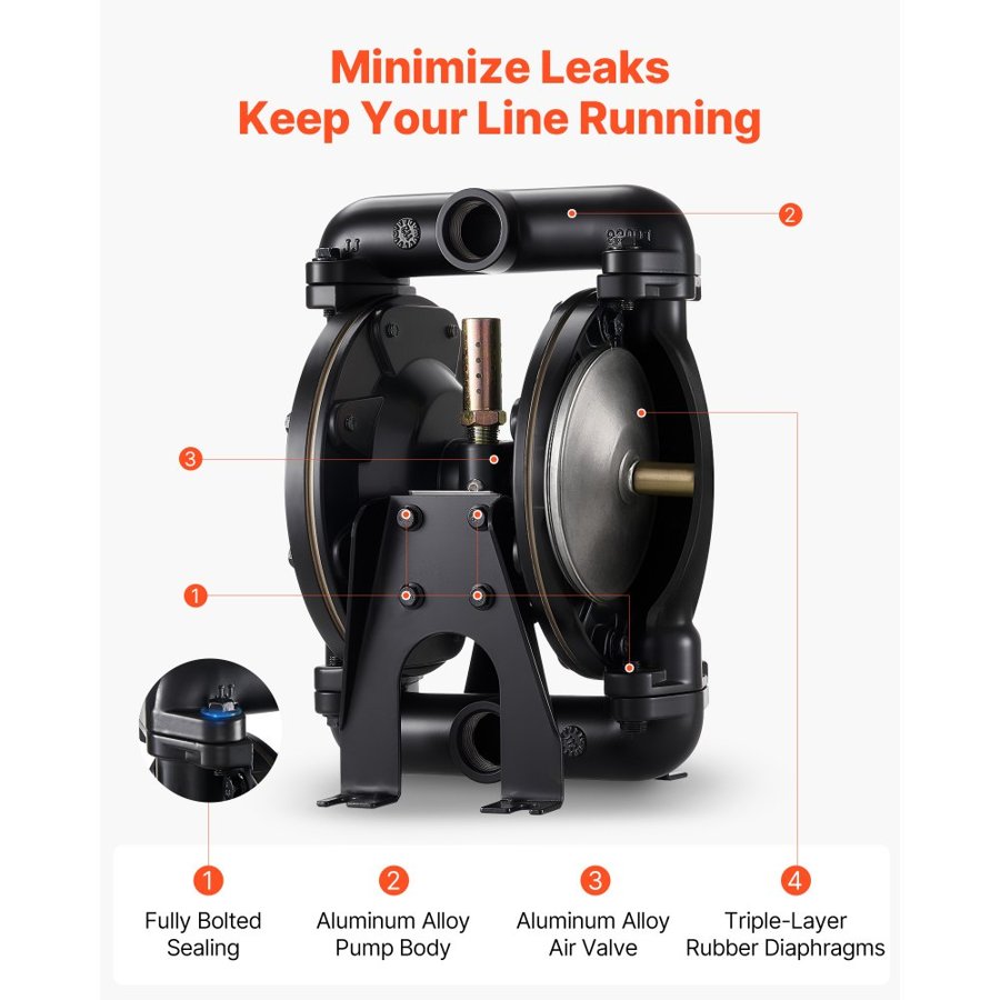VEVOR Air Operated Double Diaphragm Pump, 132 L/min Max, Standard Inlet & Outlet Air Pneumatic Waste Oil Transfer Pump, Aluminum Alloy Body, Dual Diaphragms, for Diesel, Grease, Kerosene, Gasoline