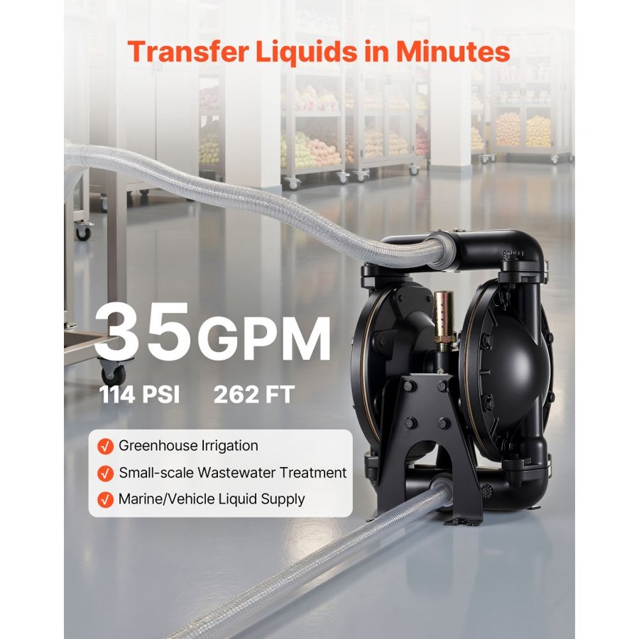 VEVOR Air Operated Double Diaphragm Pump, 132 L/min Max, Standard Inlet & Outlet Air Pneumatic Waste Oil Transfer Pump, Aluminum Alloy Body, Dual Diaphragms, for Diesel, Grease, Kerosene, Gasoline