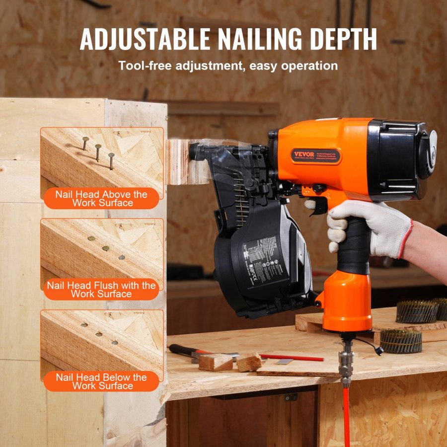 VEVOR MCN90 Coil Framing Nailer 44.45 mm to 88.9 mm 15 Degree Pneumatic Nail Gun