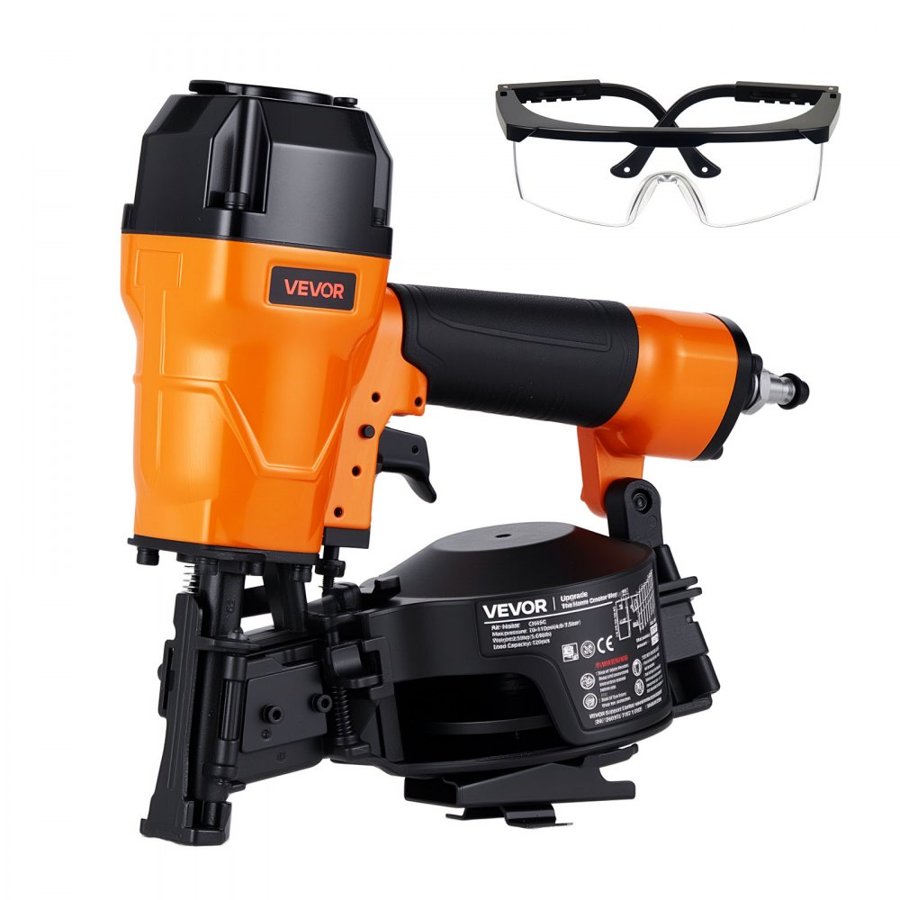 VEVOR Roofing Nailer CN45C, 19mm to 45mm 15 Degree Air Roofing Nail Gun with Two Firing Modes & Tool-Free Depth Adjustment, 4.8-7.5 Bar Pneumatic Coil Nailer for Asphalt Shingles, Roof Sheathing