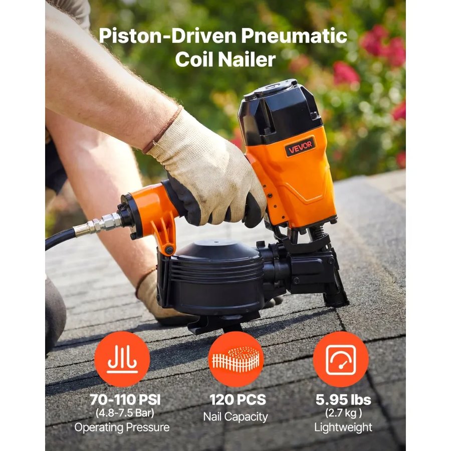 VEVOR Roofing Nailer CN45C, 19mm to 45mm 15 Degree Air Roofing Nail Gun with Two Firing Modes & Tool-Free Depth Adjustment, 4.8-7.5 Bar Pneumatic Coil Nailer for Asphalt Shingles, Roof Sheathing