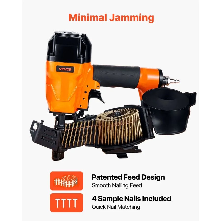 VEVOR Roofing Nailer CN45C, 19mm to 45mm 15 Degree Air Roofing Nail Gun with Two Firing Modes & Tool-Free Depth Adjustment, 4.8-7.5 Bar Pneumatic Coil Nailer for Asphalt Shingles, Roof Sheathing