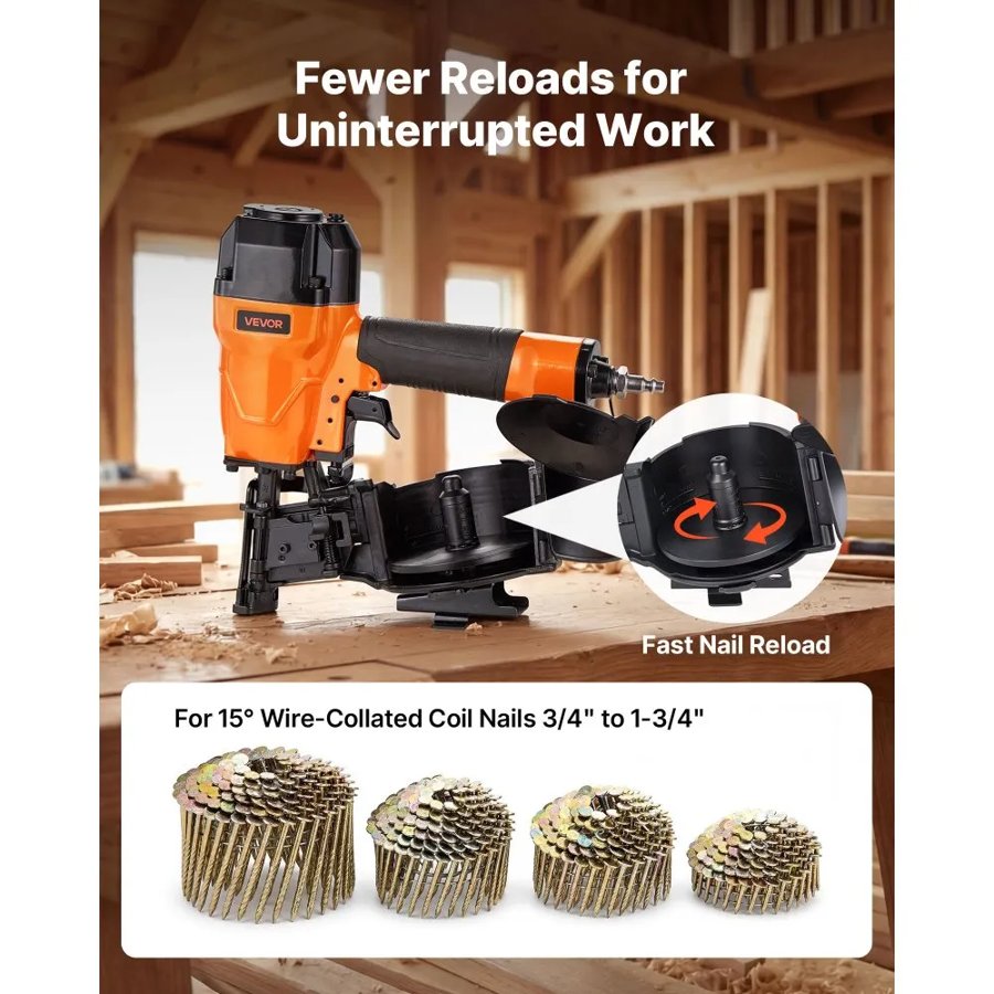 VEVOR Roofing Nailer CN45C, 19mm to 45mm 15 Degree Air Roofing Nail Gun with Two Firing Modes & Tool-Free Depth Adjustment, 4.8-7.5 Bar Pneumatic Coil Nailer for Asphalt Shingles, Roof Sheathing