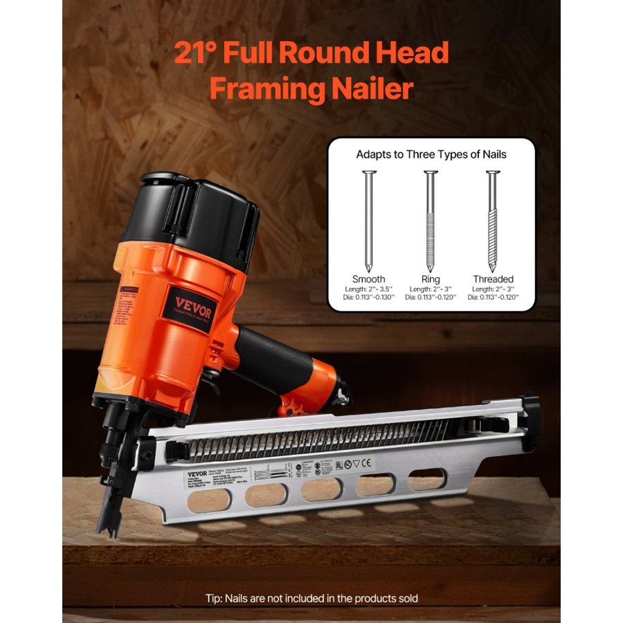 VEVOR Framing Nailer, 50 to 90 mm 21 Degree Full Round Head Pneumatic Framing Nailer with Dual Trigger Modes & Tool-Less Depth Adjustment, 80-120PSI Pro Air Nail Gun for Framing Flooring Decking
