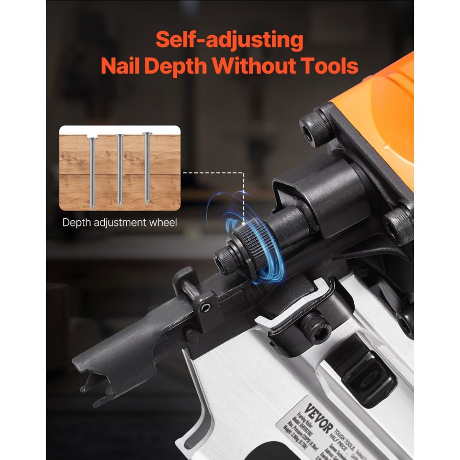 VEVOR Framing Nailer, 50 to 90 mm 21 Degree Full Round Head Pneumatic Framing Nailer with Dual Trigger Modes & Tool-Less Depth Adjustment, 80-120PSI Pro Air Nail Gun for Framing Flooring Decking