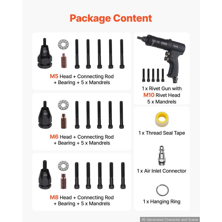 VEVOR Pneumatic Rivet Nut Gun Kit with M5 M6 M8 M10 Gun Heads, 20PCS Mandrels, 2500LBS Force, Forward & Reverse Switch, Air Rivet Nut Tool for Auto, Construction, Industrial Manufacturing
