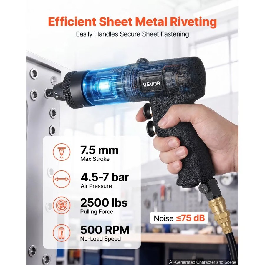 VEVOR Pneumatic Rivet Nut Gun Kit with M5 M6 M8 M10 Gun Heads, 20PCS Mandrels, 2500LBS Force, Forward & Reverse Switch, Air Rivet Nut Tool for Auto, Construction, Industrial Manufacturing