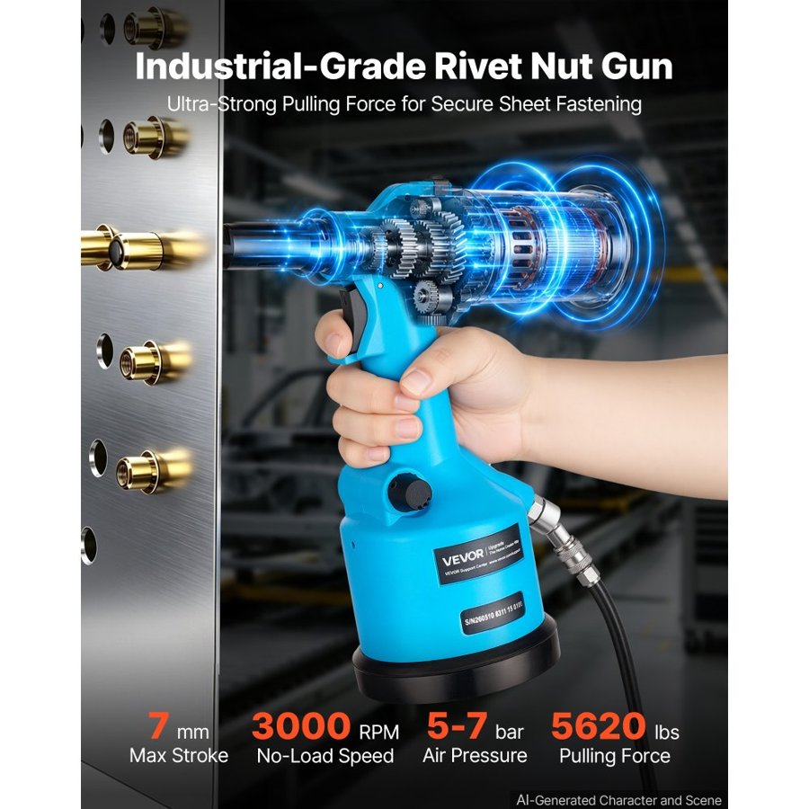 VEVOR Automatic Pneumatic Rivet Nut Gun Kit with 13PCS SAE & Metric Gun Heads, Industrial-Grade 5620LBS Pulling Force, Air Rivet Nut Tool for Automotive, Construction, Industrial Manufacturing