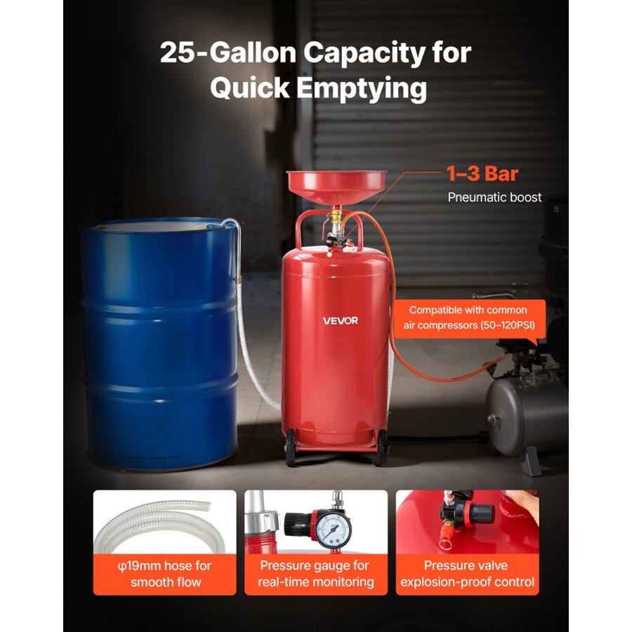 VEVOR 95L Waste Oil Drain Tank, Air Operated Portable Oil Drainer with Adjustable Funnel Height, Industrial Fluid Drain Tank with Wheels, Fluid Fuel Transfer Drainage for Auto Repair Shops, Red
