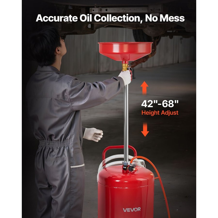 VEVOR 95L Waste Oil Drain Tank, Air Operated Portable Oil Drainer with Adjustable Funnel Height, Industrial Fluid Drain Tank with Wheels, Fluid Fuel Transfer Drainage for Auto Repair Shops, Red