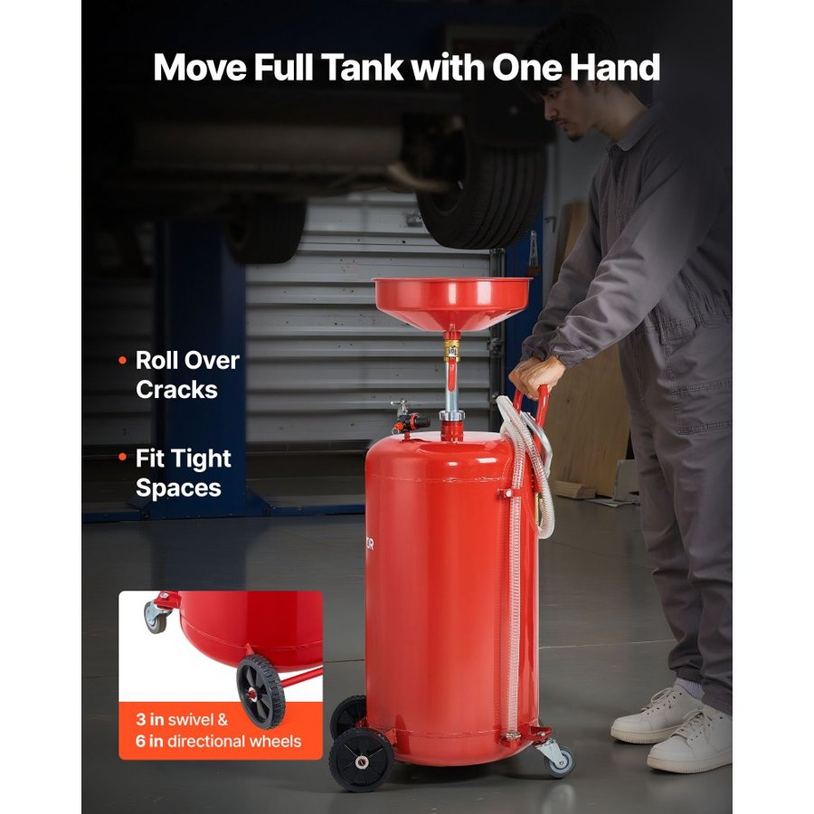 VEVOR 95L Waste Oil Drain Tank, Air Operated Portable Oil Drainer with Adjustable Funnel Height, Industrial Fluid Drain Tank with Wheels, Fluid Fuel Transfer Drainage for Auto Repair Shops, Red