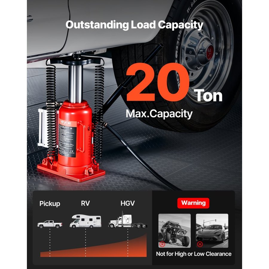 VEVOR Air Hydraulic Bottle Jack, 20 Ton Load Capacity, 260-495 mm Lifting Range, Pneumatic/Manual Heavy Duty Welded Bottle Jack with Pump for Car, Pickup, Truck, RV, SUV, Auto Repair, House Lift, Red
