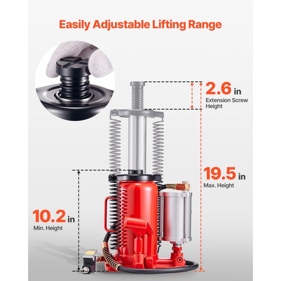 VEVOR Air Hydraulic Bottle Jack, 20 Ton Load Capacity, 260-495 mm Lifting Range, Pneumatic/Manual Heavy Duty Welded Bottle Jack with Pump for Car, Pickup, Truck, RV, SUV, Auto Repair, House Lift, Red