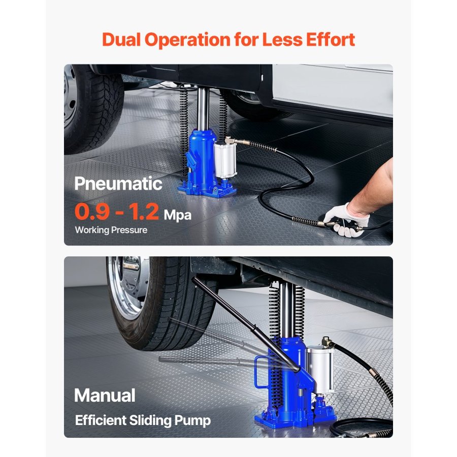 VEVOR Air Hydraulic Bottle Jack, 20 Ton Load Capacity, 260-495 mm Lifting Range, Pneumatic/Manual Heavy Duty Welded Bottle Jack with Pump for Car, Pickup, Truck, RV, SUV, Auto Repair, House Lift, Blue
