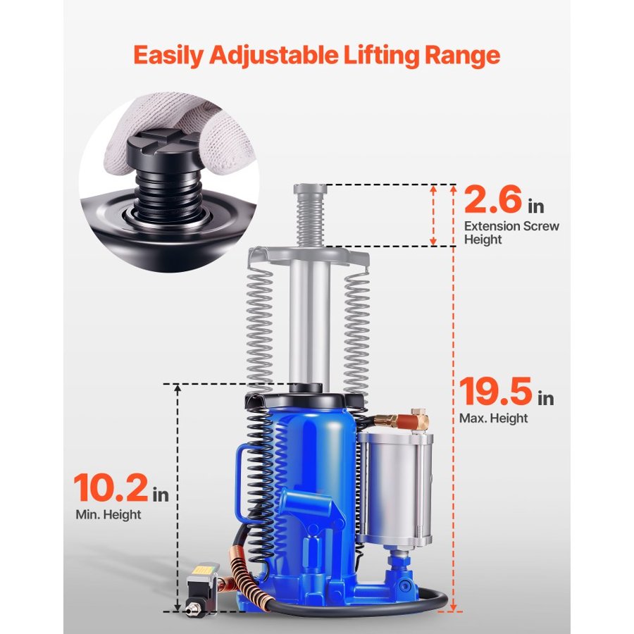 VEVOR Air Hydraulic Bottle Jack, 20 Ton Load Capacity, 260-495 mm Lifting Range, Pneumatic/Manual Heavy Duty Welded Bottle Jack with Pump for Car, Pickup, Truck, RV, SUV, Auto Repair, House Lift, Blue