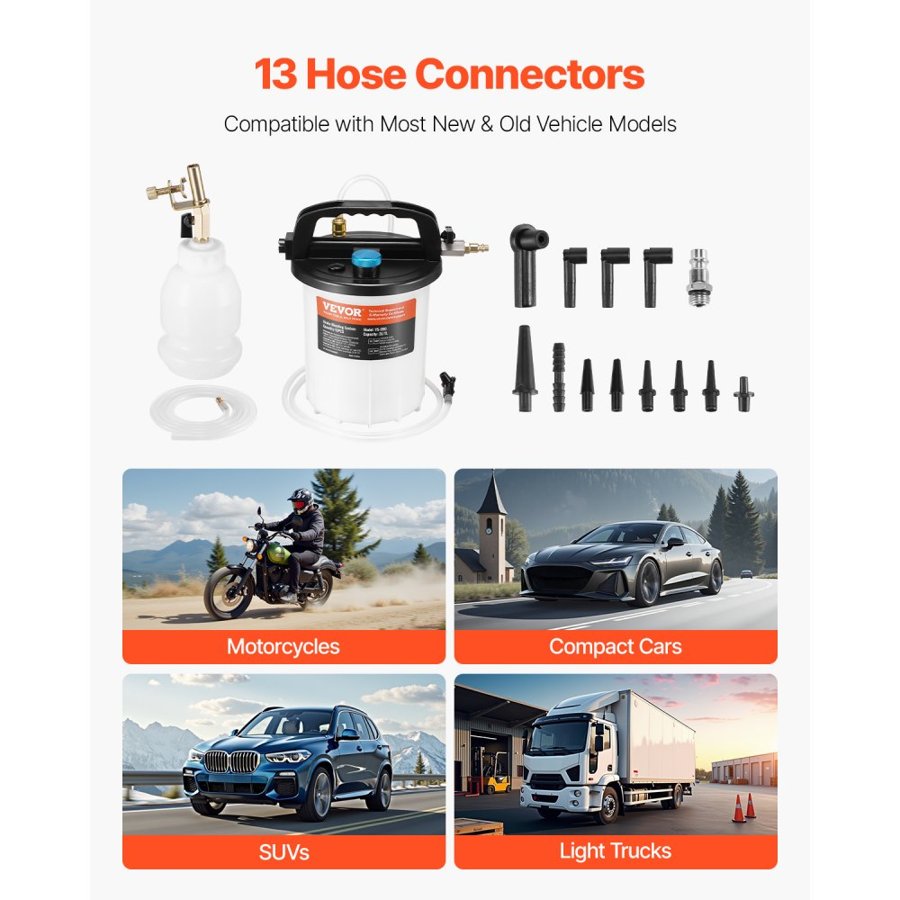 VEVOR Brake Bleeder Kit, 3L Brake Fluid Extractor with 1L Siphon Refilling Bottle & 13 Hose Connectors, Complete Brake Fluid Bleeder Kit with Extended Silicone Hose & Handle, Fit for Most Vehicles