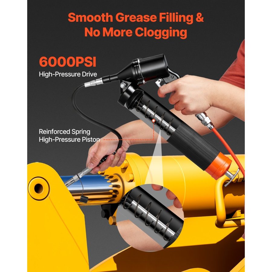VEVOR Grease Gun, 6000 PSI High Pressure, Heavy Duty Pistol Grip Grease Gun Kit with 0.4 L Capacity, Includes 45.7 cm Flex Hose, 1 Extension Rigid Pipe and 2 Flat Nozzles for Automotive, Marine