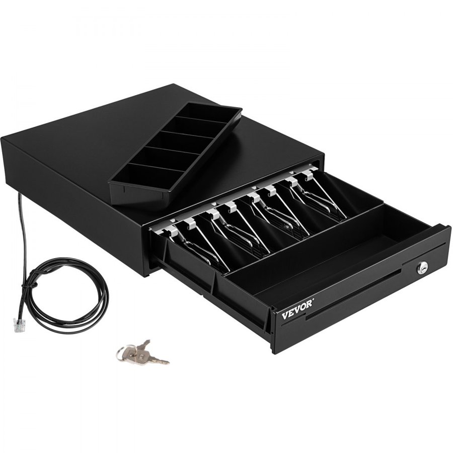 VEVOR Cash Register Drawer, 33 cm 12 V, for POS System with 4 Bill 5 Coin Cash Tray, Removable Coin Compartment & 2 Keys Included, RJ11/RJ12 Cable for Supermarket, Bar, Coffee Shop, Restaurant