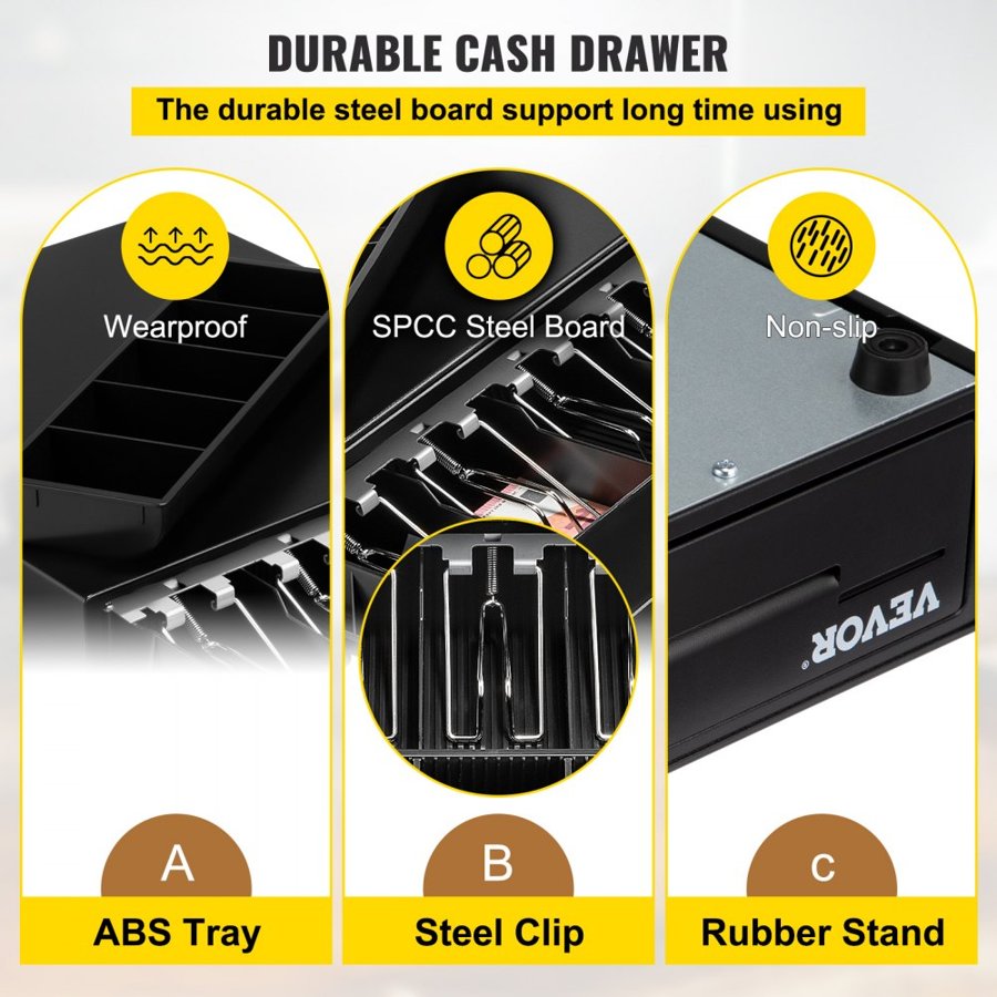 VEVOR Cash Register Drawer, 33 cm 12 V, for POS System with 4 Bill 5 Coin Cash Tray, Removable Coin Compartment & 2 Keys Included, RJ11/RJ12 Cable for Supermarket, Bar, Coffee Shop, Restaurant