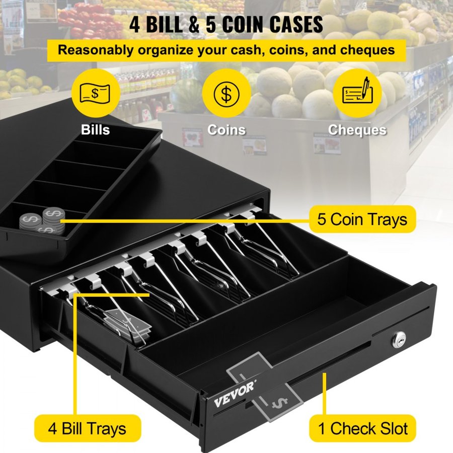 VEVOR Cash Register Drawer, 33 cm 12 V, for POS System with 4 Bill 5 Coin Cash Tray, Removable Coin Compartment & 2 Keys Included, RJ11/RJ12 Cable for Supermarket, Bar, Coffee Shop, Restaurant