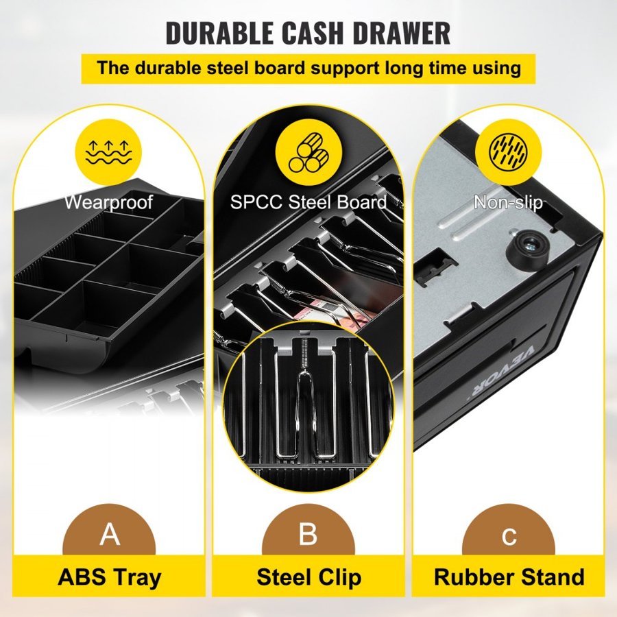 VEVOR Cash Register Drawer, 40.6 cm 12 V, for POS System with 5 Bill 8 Coin Cash Tray, Removable Coin Compartment & 2 Keys Included, RJ11/RJ12 Cable for Supermarket, Bar, Coffee Shop, Restaurant