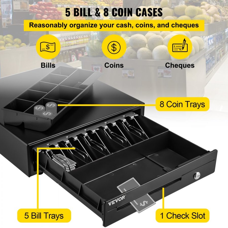 VEVOR Cash Register Drawer, 40.6 cm 12 V, for POS System with 5 Bill 8 Coin Cash Tray, Removable Coin Compartment & 2 Keys Included, RJ11/RJ12 Cable for Supermarket, Bar, Coffee Shop, Restaurant